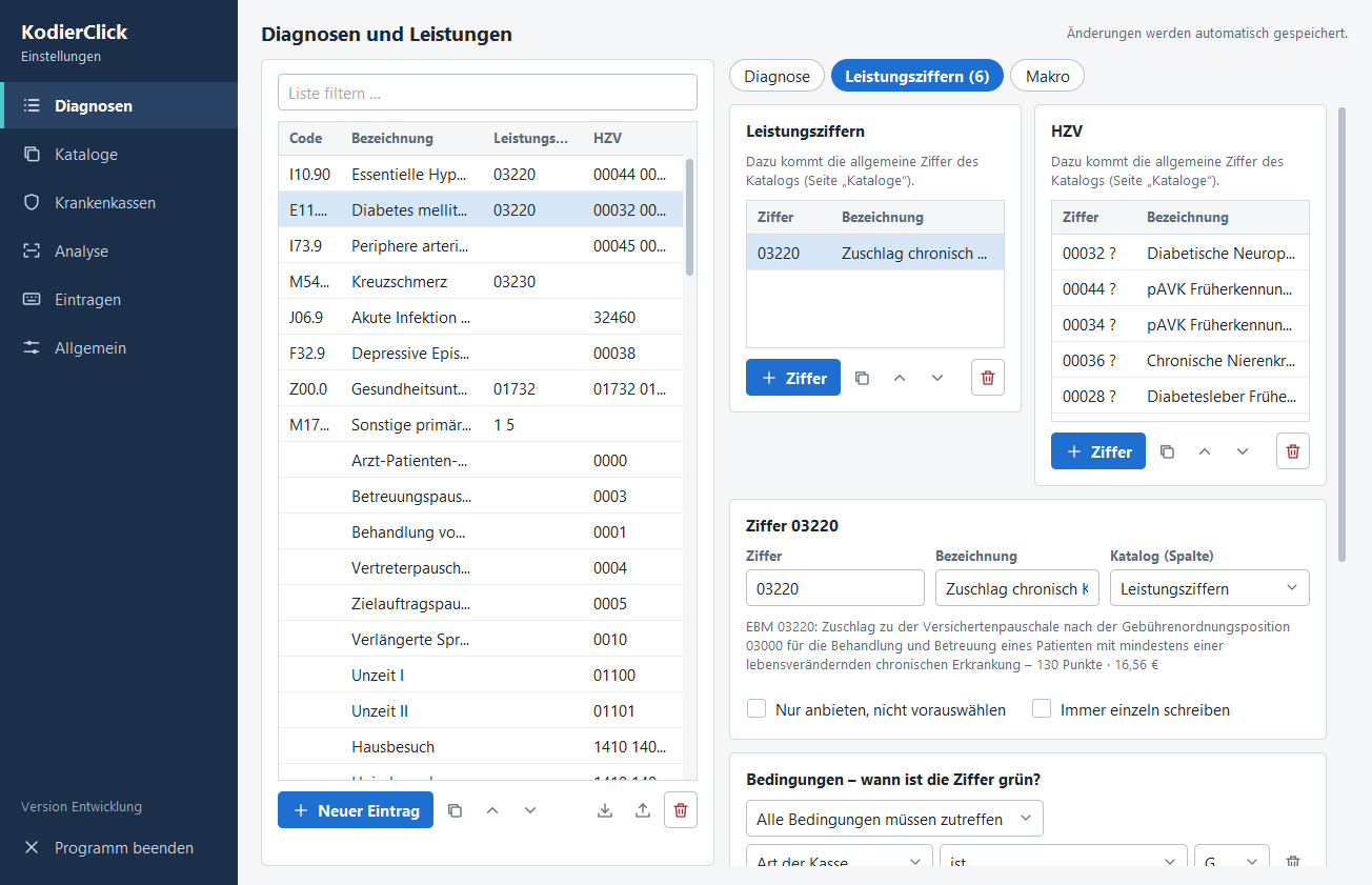 Einstellungen von KodierClick: Diagnosen